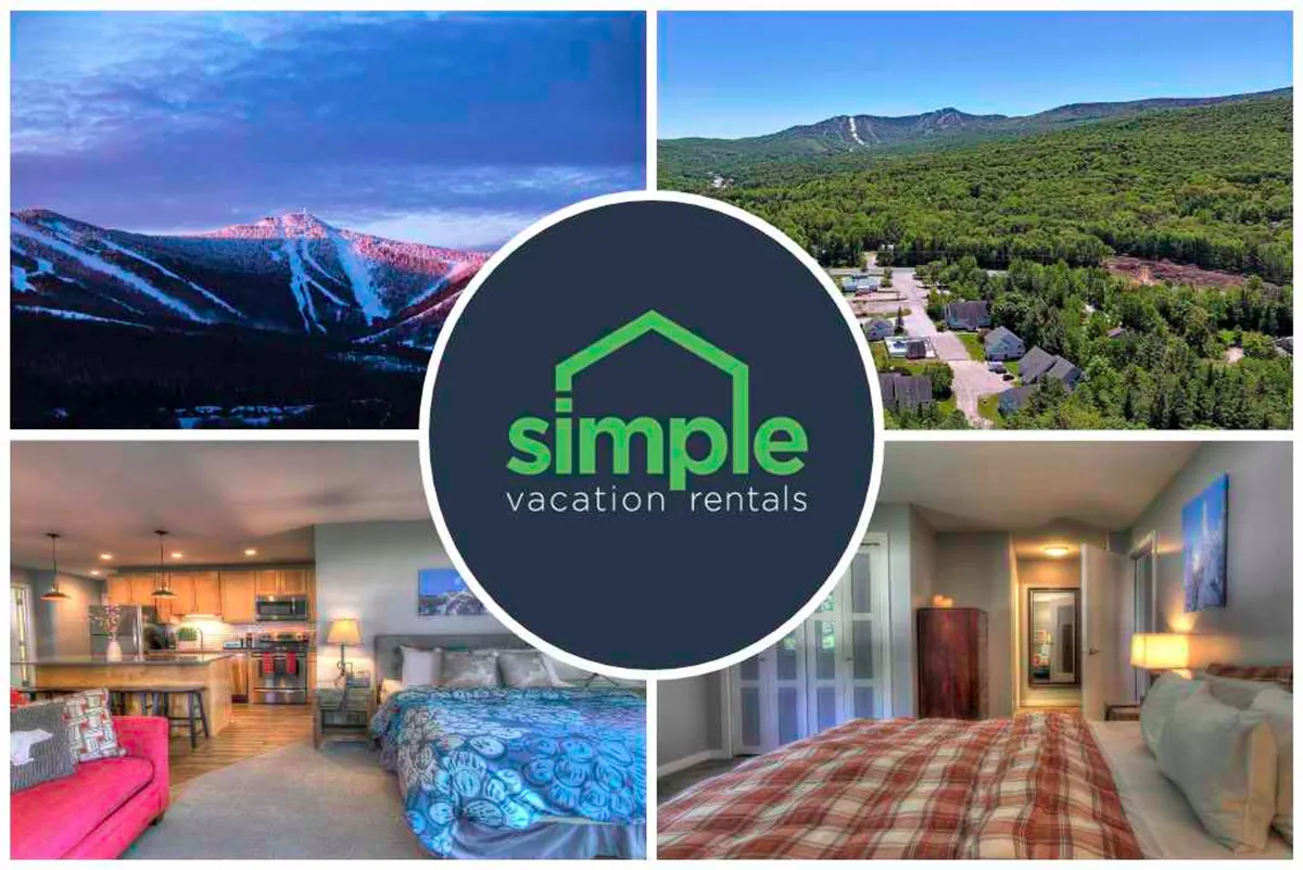 The image showcases a sunlit condo interior with large windows framing a stunning sunrise over the Killington mountains. A sleek, modern kitchen with stainless steel appliances and an inviting island is visible, alongside a cozy bedroom area. The atmosphere feels bright, warm, and welcoming, highlighting both the breathtaking views and the comfortable, contemporary living space.